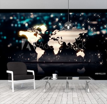 Picture of World Map Silver City Light Shine Bokeh 3D Background